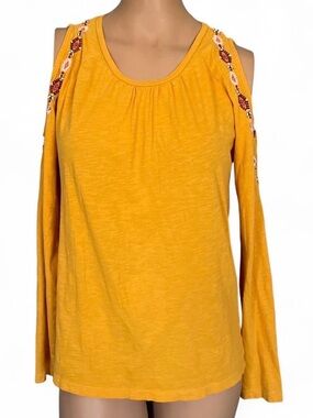 LOFT Mustard Cold-Shoulder Embroidered Long Sleeve Tee